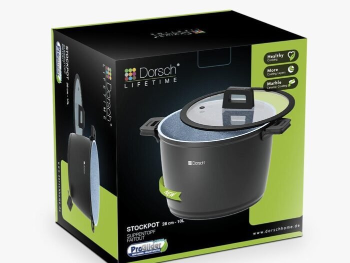 طنجرة 10 لتر  - 28 سم مرتفعة أسود  مغلفة بالسيراميك مع غطاء مسطح مع مسكات عازلة للحرارة  - Dorsch