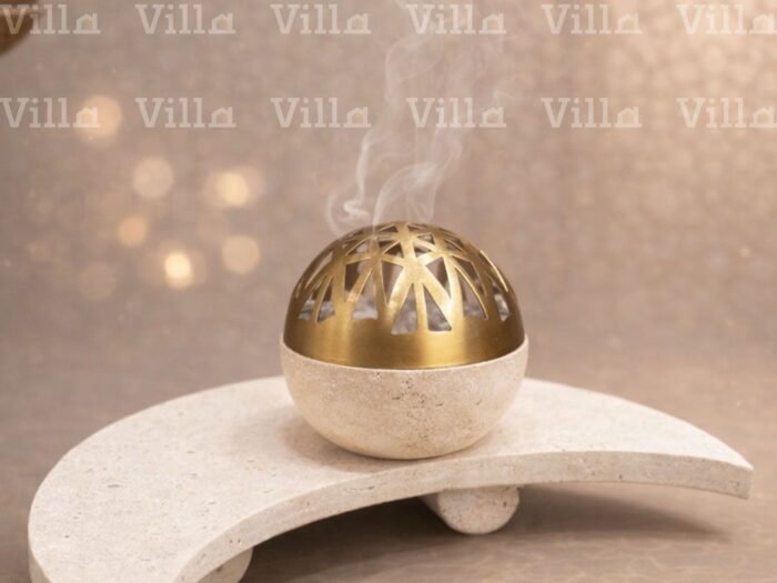 طقم مبخرة من حجر الترافرتين الطبيعي بقاعدة على شكل هلال