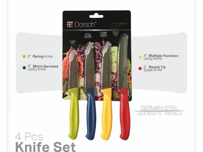 طقم 4 سكاكين متعددة الاستعمال 3 إنش أخضر +4 إنش ازرق + 4 إنش أصفر +4 إنش أحمر - Dorsch
