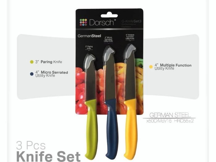 طقم 3 سكاكين متعددة الاستعمال 3 إنش أخضر +4 إنش أزرق + 4 إنش أصفر - Dorsch