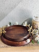 طقم صواني خشب هندي مدور مع يد نحاس