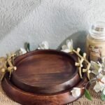 طقم صواني خشب هندي مدور مع يد نحاس