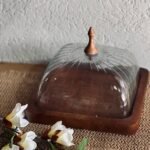 جاط حلويات خشب هندي مربع مع غطاء زجاج محزز