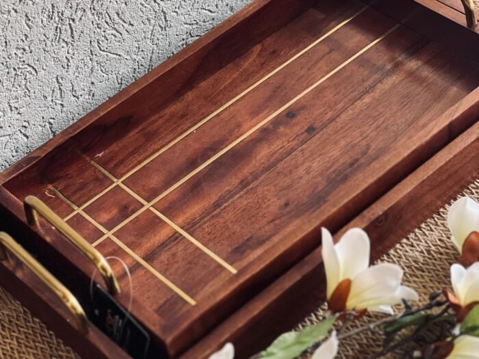 طقم صواني خشب هندي مستطيل يدين نحاس