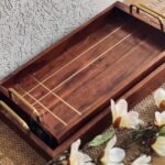 طقم صواني خشب هندي مستطيل يدين نحاس