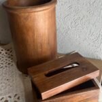 طقم سلة مع بكيت محارم مدور خشب بني هندي