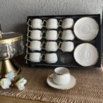 طقم فناجين قهوة 12\12 بورسلان أبيض مع يد ذهبي