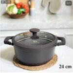 طنجرة جرانيت سكب بني مع غطاء زجاج