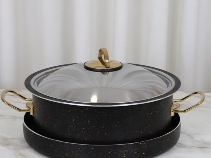 طنجرة مقلوبة 34سم + سدر 38سم جرانيت أسود مع غطاء ستانلس مع يدين ذهبي