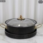طنجرة مقلوبة 30سم + سدر 34سم جرانيت أسود مع غطاء ستانلس مع يدين ذهبي