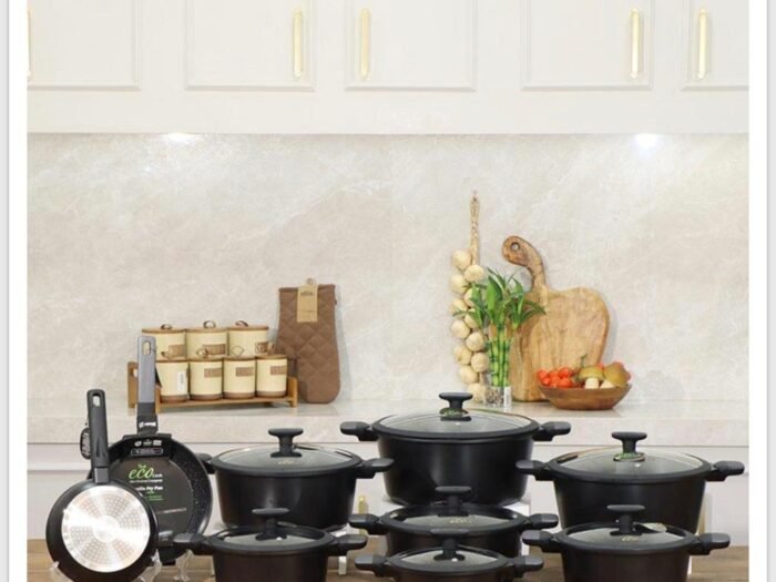 طقم طناجر Manilla جرانيت مدور 9 قطع 7 طناجر + 2 مقالي أسود يد جلد