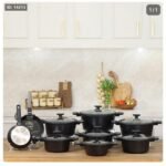 طقم طناجر Manilla جرانيت مدور 9 قطع 7 طناجر + 2 مقالي أسود يد جلد