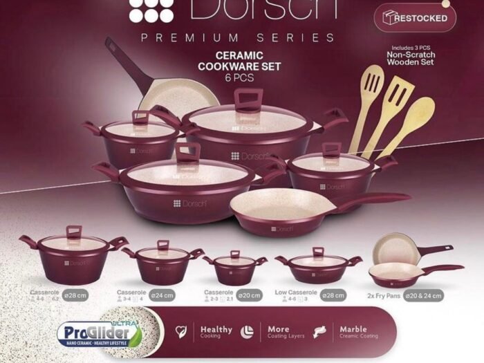 طقم طناجر 6 قطع لون خمري مغلفة بالسراميك - Dorsch