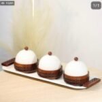 طقم صينية مستطيل تنك مع 3 مضايف مدور خشب محفر غطا قبة تنك بيج