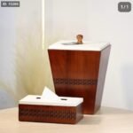 طقم سلة مع بكيت محارم خشب محفر وغطاء تنك بيج